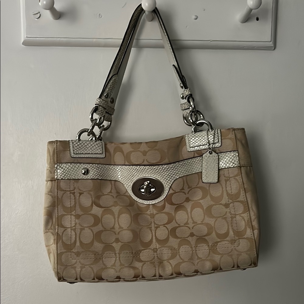 Coach Tan and Silver Shoulder Bag Signature Collection